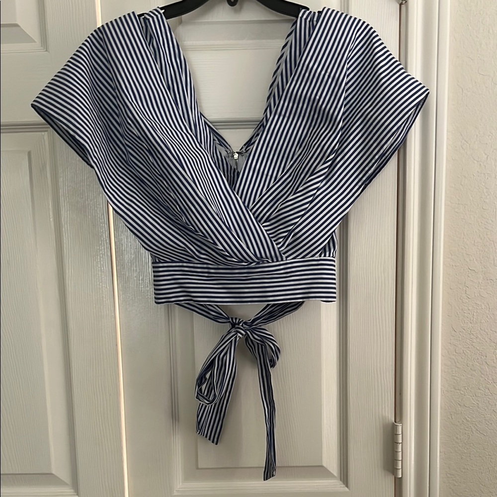 Blue and White Wrap Crop Blouse with Sailor Collar